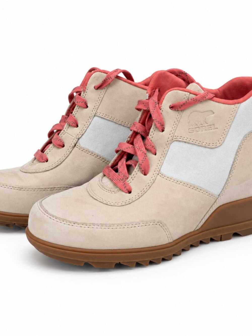 SOREL Evie Sport Lace Up Wedge Ankle Boots Beige Coral Suede Lug Sole Sz 8